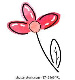vector element, cute watercolor abstract red-pink flower with a black outline in scandinavian style, botanical element