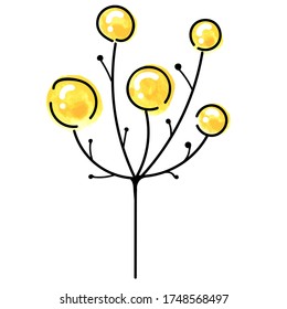vector element, cute watercolor abstract round yellow flower with black outline in scandinavian style, botanical element