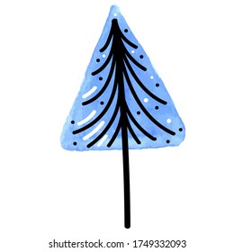 vector element, cute watercolor abstract triangular blue-blue christmas tree with black outline in scandinavian style, botanical element