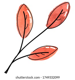 vector element, cute watercolor abstract branch with orange leaves with black outline in scandinavian style, botanical element