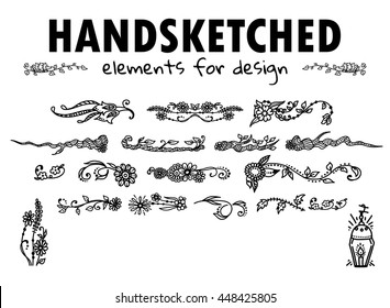 Vector element for design. Beautiful hand sketched doodle elements Branch, leaves, flowers, vine, daisy, herbal, candles. Forest and trees theme, black on white. Set 5/5