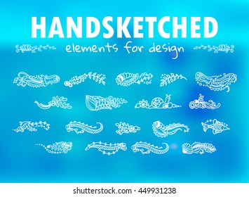 Vector element for design. Beautiful hand sketched doodle elements fish, coral, seaweed, jellyfish, snail, shell, stones, leaves. Sea and ocean theme, photo background. Set 2/5