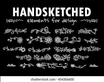 Vector element for design. Beautiful hand sketched doodle elements. Branch, leaves, flowers, vine, daisy, lily, herbal. Forest and trees theme, chalkboard style. Set 4/5