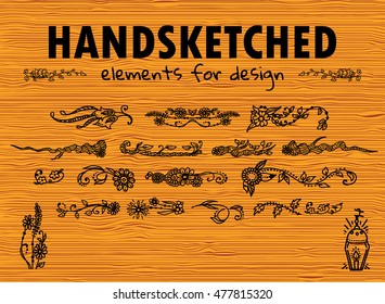 Vector element for design. Beautiful hand sketched doodle elements Branch, leaves, flowers, vine, daisy, herbal, candles. Forest and trees theme, wooden background. Set 5/5