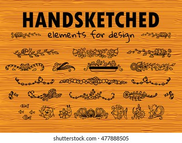 Vector element for design. Beautiful hand sketched doodle elements branch, leaves, snail, hedgehog, acorn, flower, grass, fish, coral, seaweed. Sea and forest theme, wooden background. Set 1/5