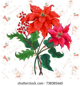 Vector element for design with branch of poinsettia flowers and pattern with christmas elements.