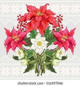 Vector element for design with branches of poinsettia flowers, berries and hellebore. Scandinavian ornament on seamless background. Christmas collection.