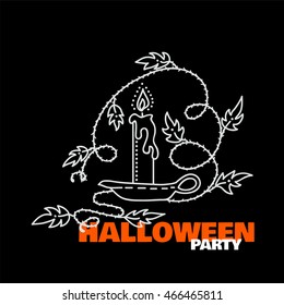 Vector element for design. Candlestick with lighted candle on wave ivy branch, barb and leaves. Halloween card in doodle or sketch style, white line on black background. Chalkboard 11 from 12