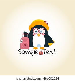 Vector element for design. Cartoon character for logo, sign, symbol, banner for kid shop, store, travel agency. Template for banners, label, tag. Penguin woman with glasses, pink suitcase and ticket