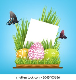 
Vector element design copy space for greeting card. Easter eggs in green grass with butterflies isolated on blue sky background and illustration. 