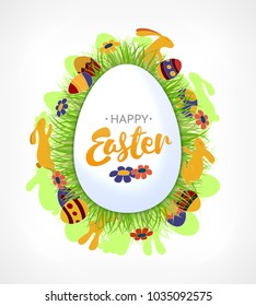 Vector element for design. Easter egg in green grass with rabbits, eggs and flowers isolated on white background.