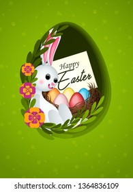 Vector element for design. Easter eggs in green grass with white flowers, butterflies isolated on white background. easter bunny egg hunt template vector/illustration - Vector