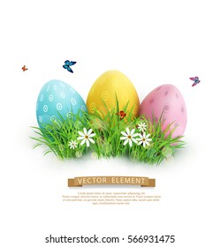 Vector element for design. Easter eggs in green grass with white flowers, butterflies isolated on white background.