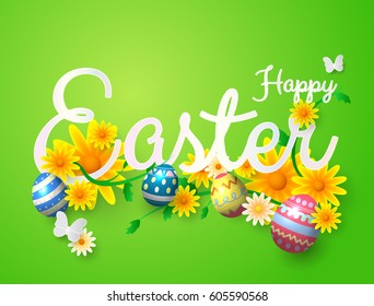 Vector element for design. Easter eggs in green grass with flowers, butterflies on background.