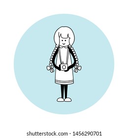 Vector element for design. Girl with photo camera on blue circle. Profession photographer. Simple line art, flat style. Black, blue and white