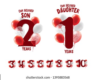 Vector element for design graphics for the birthday of the children of a son or daughter. registration of holidays and anniversaries. figures 1, 2, 3, 4, 5, 6, 7, 8, 9, 0 surrounded by inflatable ball