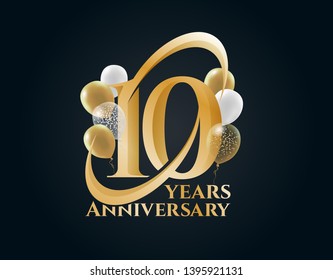 Vector element for design graphics on the anniversary of 10 years. golden luxurious number 10 with a stylish graphic element and shadow, surrounded by gold and white balloons. invitations, gift cards