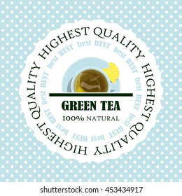 Vector element for design. Green tea label, sticker, logo or paper tag on blue polka dot background, good for packages or box. Lay flat illustration cup of tea, round icon 2 from 6