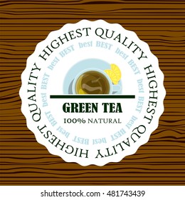 Vector element for design. Green tea label, sticker, logo or paper tag on wooden background. Lay flat illustration cup of tea, round icon. Tender color series, 2 from 6