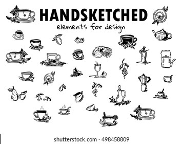 Vector element for design. Hand drawn sketch collection. Simple tea cup, pot,  teapot, pear, lemon, leaves, cherry, apple, grapes, vine, berry elements. Black line isolated on white background