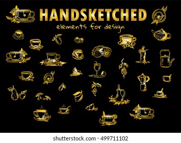Vector element for design. Hand drawn sketch collection. Simple tea cup, pot,  teapot, pear, lemon, leaves, cherry, apple, grapes, vine, berry elements. Premium gold style, isolated on black