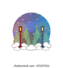 Vector element for design. Illustration of winter flat forest, street lamp, cartoon landscape with snow, drift, pine tree, Christmas tree, blue night sky, stars. Isolated on white 4 from 9