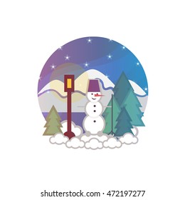 Vector element for design. Illustration of winter flat forest, street lamp, mountains, snowman, landscape with snow, drift, pine tree, blue night sky, stars. Isolated on white 6 from 9