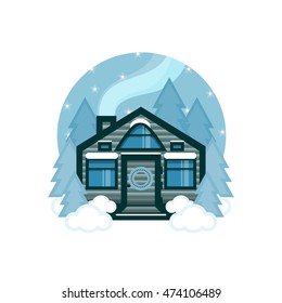 Vector element for design. Illustration of winter flat house, mountain cabin, cartoon landscape with snow, drift, pine tree, Christmas tree, deep blue sky, northern lights 2 from 9