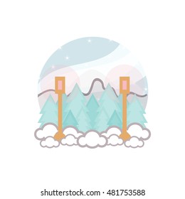Vector element for design. Illustration of winter flat forest, street lamp, mountains, cartoon landscape with snow, drift, pine tree, Christmas tree, snowflakes. Isolated on white 5 from 9