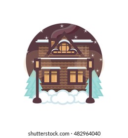 Vector element for design. Illustration of winter flat house with street lamp, cartoon landscape with snow, drift, pine tree, Christmas tree, night sky, stars. 