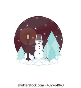 Vector element for design. Illustration of winter flat snowman in forest with broom and street lamp, cartoon landscape with snow, Christmas tree, night sky, stars.