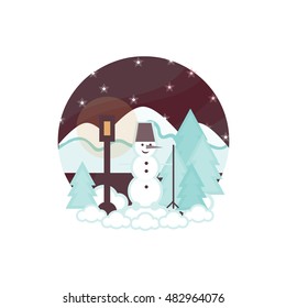 Vector element for design. Illustration of winter flat forest, street lamp, mountains, snowman, landscape with snow, drift, pine tree, night sky, stars. 