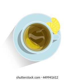 Vector element for design. Lay Flat style, beautiful cup of green tea with slice of lemon on plate, blue color porcelain. Object isolated on white with shadow. Sweet kitchen illustration, 2 from 6