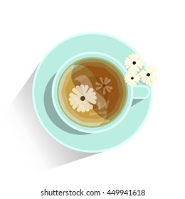 Vector element for design. Lay Flat style, beautiful cup of oolong tea with daisy on plate, blue color porcelain. Object isolated on white with shadow. Sweet kitchen illustration, 5 from 6
