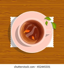 Vector element for design. Lay Flat style, beautiful cup of puerh tea with leaves on plate, peach color porcelain. Cup of tea with tablecloth on wooden table, timber background, 6 from 6