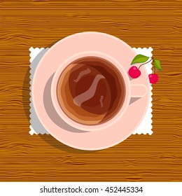 Vector element for design. Lay Flat style, beautiful cup of black tea with cherry on plate, pink color porcelain. Cup of tea with tablecloth on wooden table, timber background, 1 from 6
