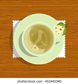 Vector element for design. Lay Flat style, beautiful cup of white tea with flower on plate, green color porcelain. Cup of tea with tablecloth on wooden table, timber background, 3 from 6