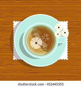 Vector element for design. Lay Flat style, beautiful cup of oolong tea with daisy on plate, blue color porcelain. Cup of tea with tablecloth on wooden table, timber background, 5 from 6