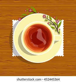 Vector element for design. Lay Flat style, beautiful cup of red tea with flower on plate, yellow color porcelain. Cup of tea with tablecloth on wooden table, timber background, 4 from 6