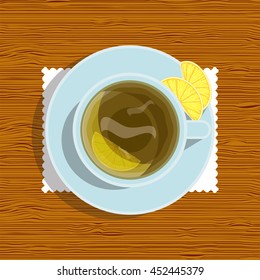 Vector element for design. Lay Flat style, beautiful cup of green tea with slice of lemon on plate, blue color porcelain. Cup of tea with tablecloth on wooden table, timber background, 2 from 6