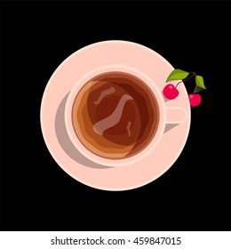 Vector element for design. Lay Flat style, beautiful cup of black tea with cherry on plate, pink color porcelain. Icon isolated on black background. Sweet kitchen illustration, 1 from 6