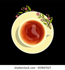 Vector element for design. Lay Flat style, beautiful cup of red tea with flower on plate, yellow color porcelain. Icon isolated on black background. Sweet kitchen illustration, 4 from 6