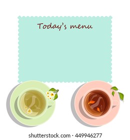 Vector element for design. Light style menu for cafe, tea home or restaurant, two cups of white, black tea with tablecloth on white background. Lay Flat style, space for Your text included