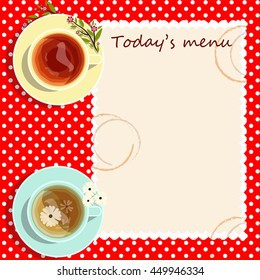 Vector element for design. Light style menu for cafe, tea home or restaurant, two cups of oolong, black tea, red tablecloth with white polka dots. Lay Flat style, space for Your text included