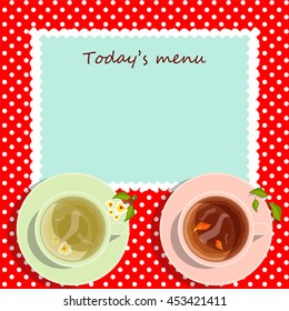 Vector element for design. Light style menu for cafe, tea home or restaurant, two cups of white, black tea, red tablecloth with white polka dots. Lay Flat style, space for Your text included