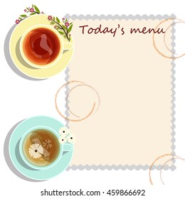 Vector element for design. Light style menu for cafe, tea home or restaurant, two cups of oolong, black tea with tablecloth on white background. Lay Flat style, space for Your text included