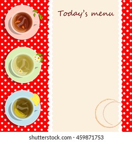 Vector element for design. Light style menu for cafe, tea home or restaurant, three cups of black, white, green tea, red tablecloth with white polka dots. Lay Flat style, space for Your text included