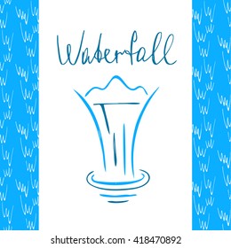 Vector element design line sketch nature waterfall. Hand drawn illustration blue waterfall on blue background.