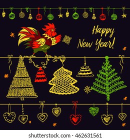 Vector element of design logo, logotype, greeting card, poster, clothing, postcard, calendar and invitation for party event happy new year rooster 2017. 
