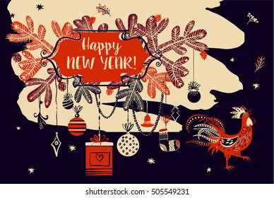 Vector element of design logo, logotype, greeting card, poster, clothing, postcard, calendar and invitation for party event happy new year rooster 2017. Christmas decoration.